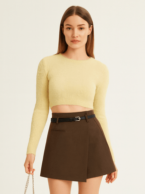 Short Saia Feminino Alfaiataria Marrom Com Cinto