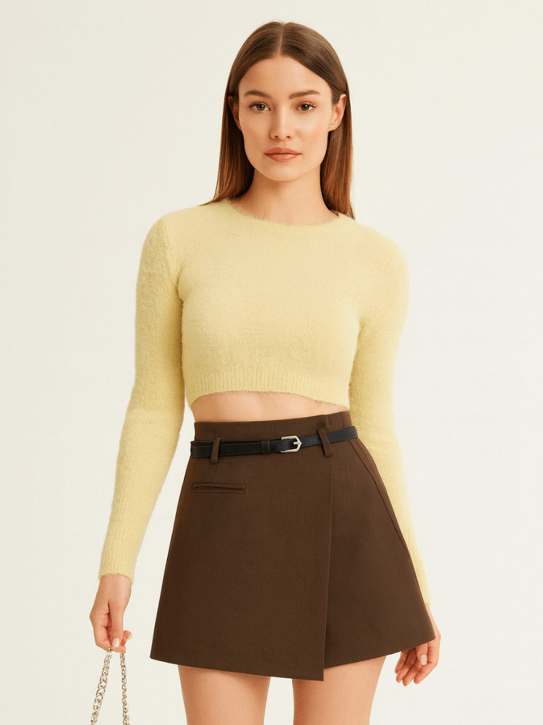 Short Saia Feminino Alfaiataria Marrom Com Cinto