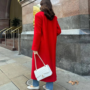 Sobretudo Feminino Longo em Lã Outono Vermelho