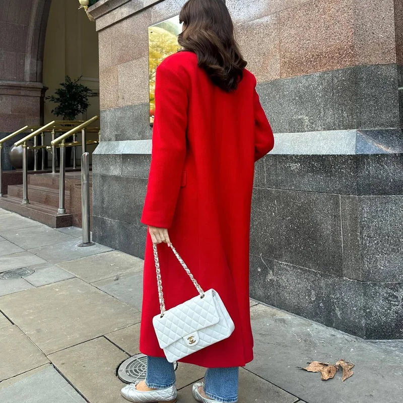 Sobretudo Feminino Longo em Lã Outono Vermelho