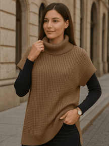 Suéter Feminino Gola Alta Manga Asa de Morcego Téo Marrom