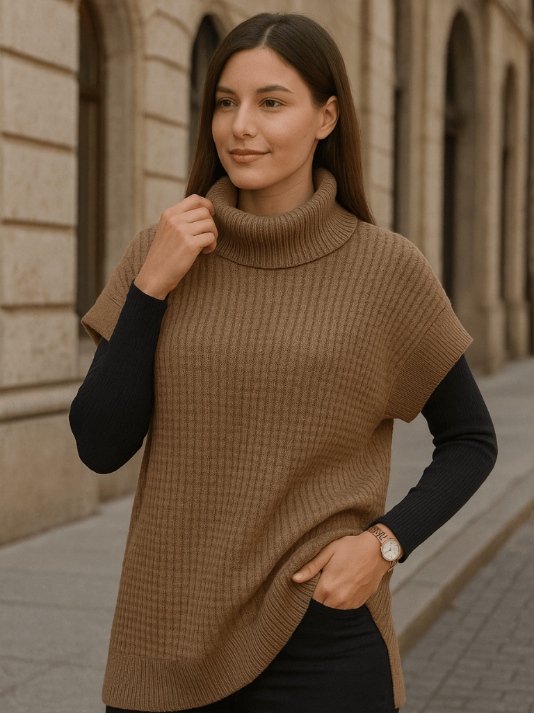 Suéter Feminino Gola Alta Manga Asa de Morcego Téo Marrom