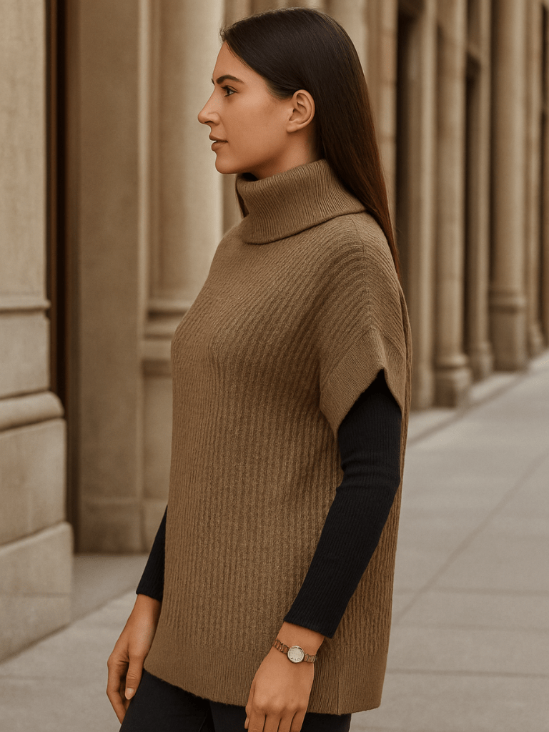 Suéter Feminino Gola Alta Manga Asa de Morcego Téo Marrom