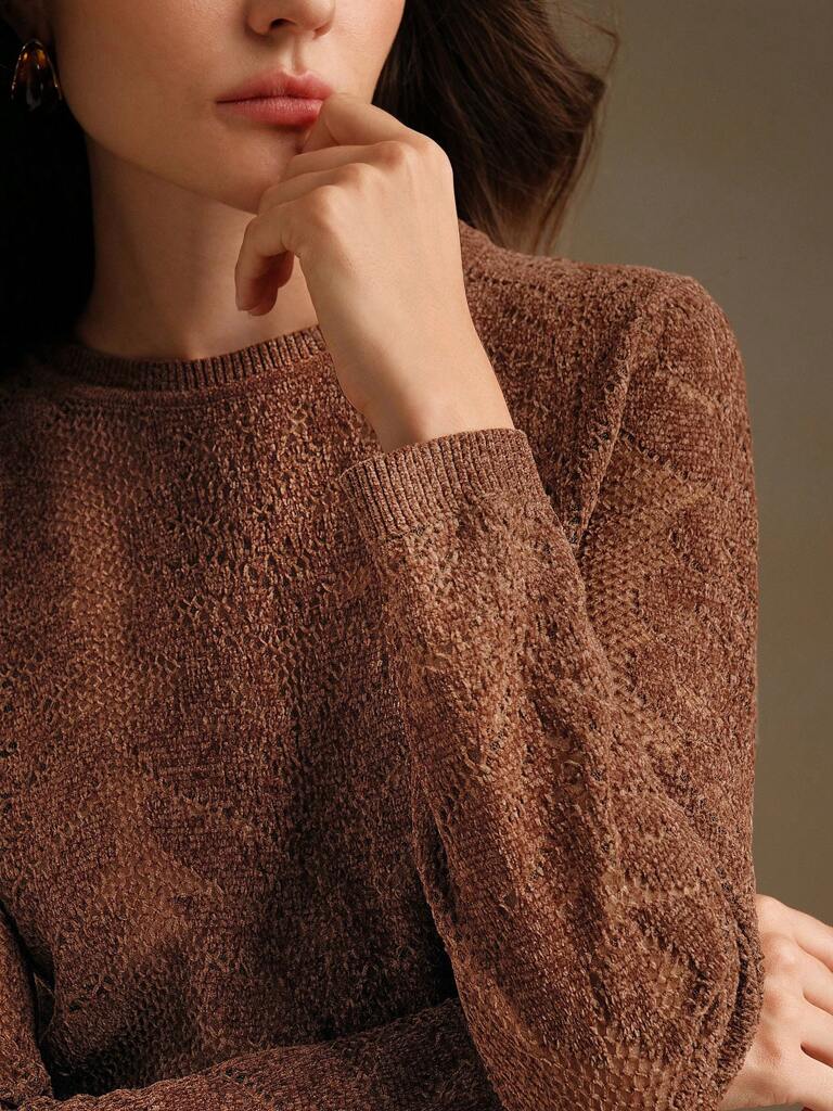Suéter Feminino Gola Redonda Lã Merino Marrom