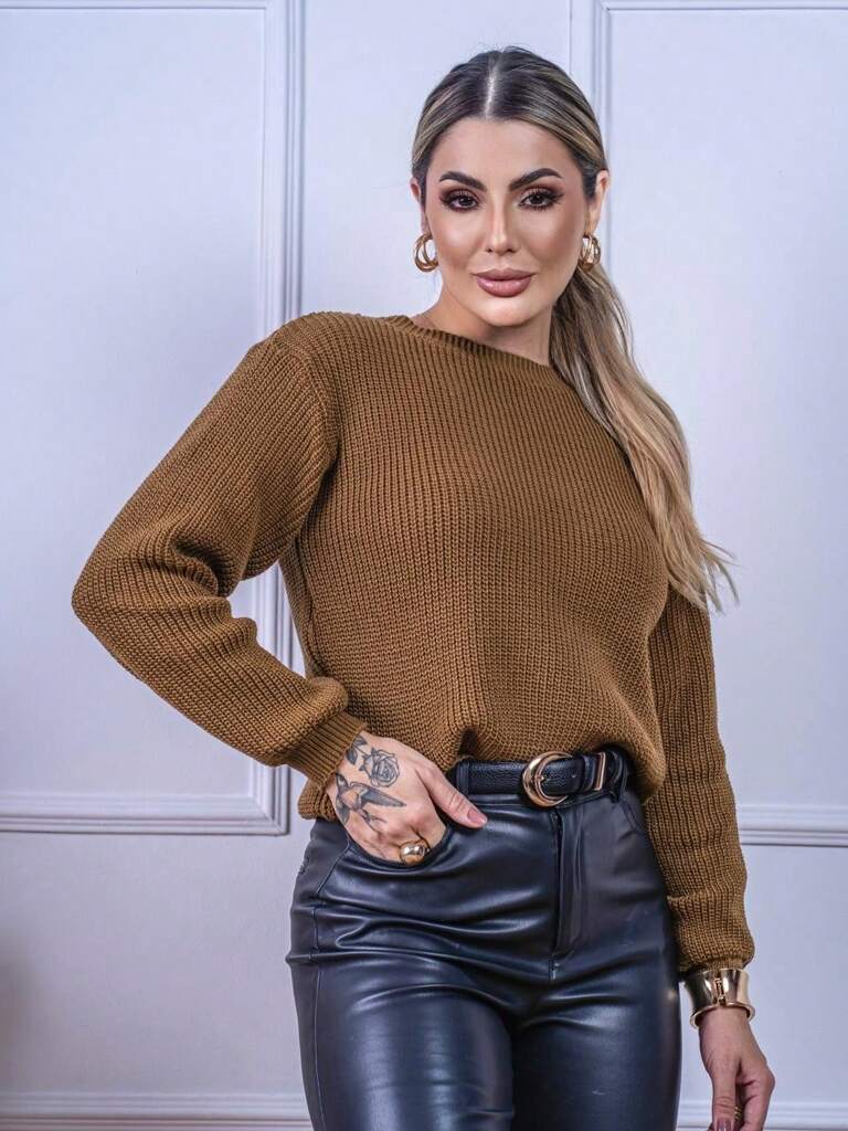 Suéter Feminino Tricod Manga Bufante Modelo Walleska Marrom