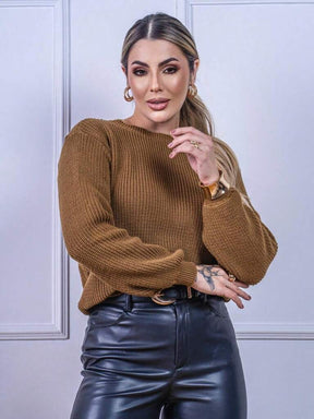 Suéter Feminino Tricod Manga Bufante Modelo Walleska Marrom