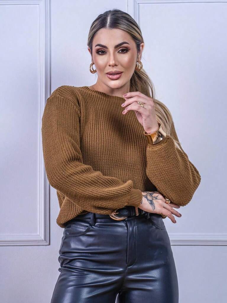 Suéter Feminino Tricod Manga Bufante Modelo Walleska Marrom