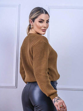 Suéter Feminino Tricod Manga Bufante Modelo Walleska Marrom