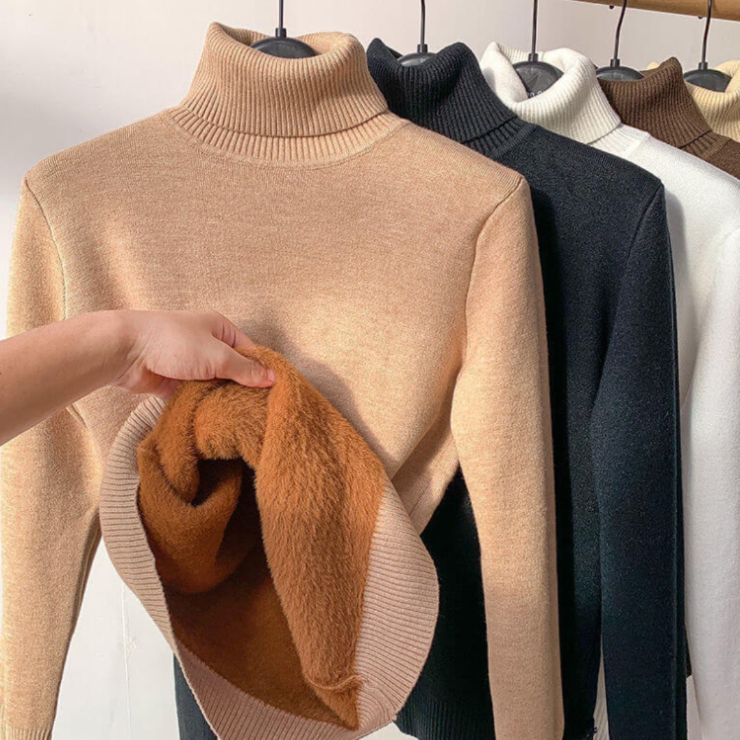 Suéter Feminino Tricot Gola Alta De Veludo Marrom