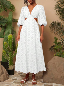 Vestido Branco Longo Decote em V Guiana