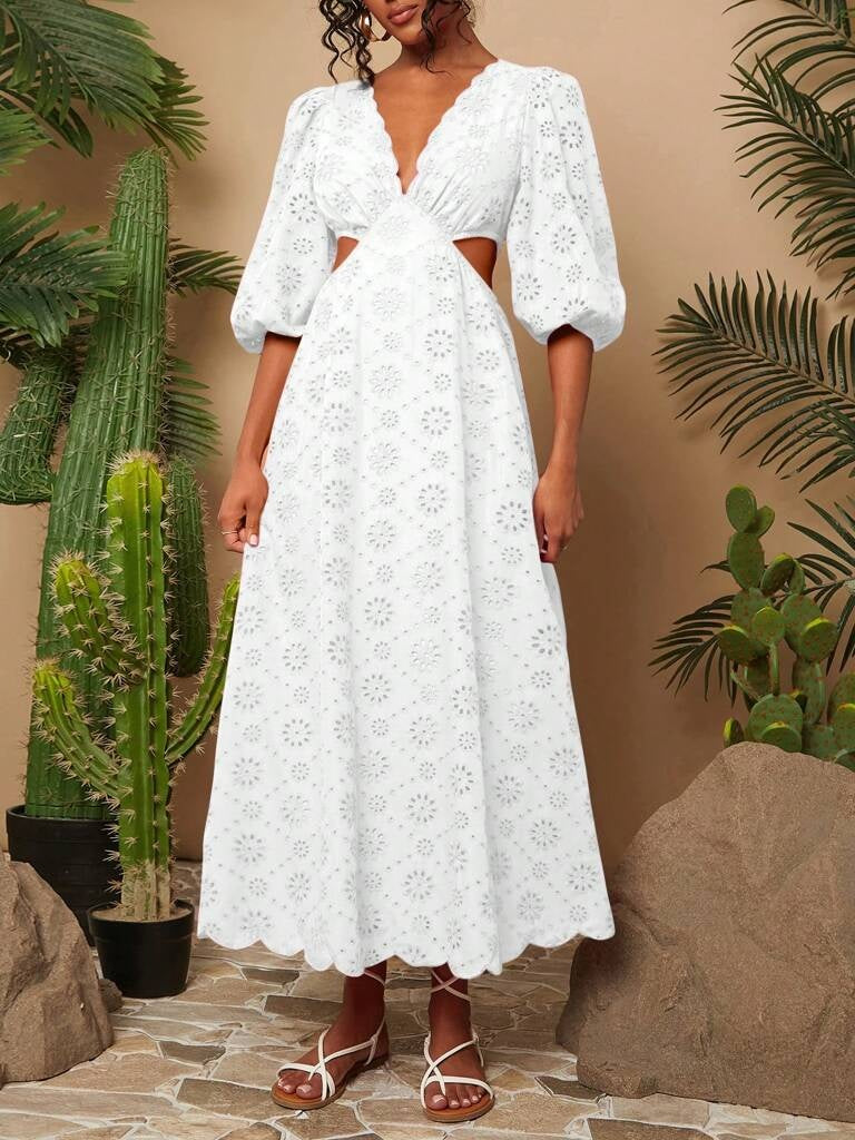 Vestido Branco Longo Decote em V Guiana