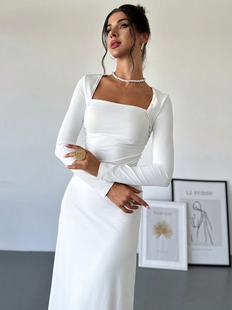 Vestido Branco Longo Plissado Yasmin