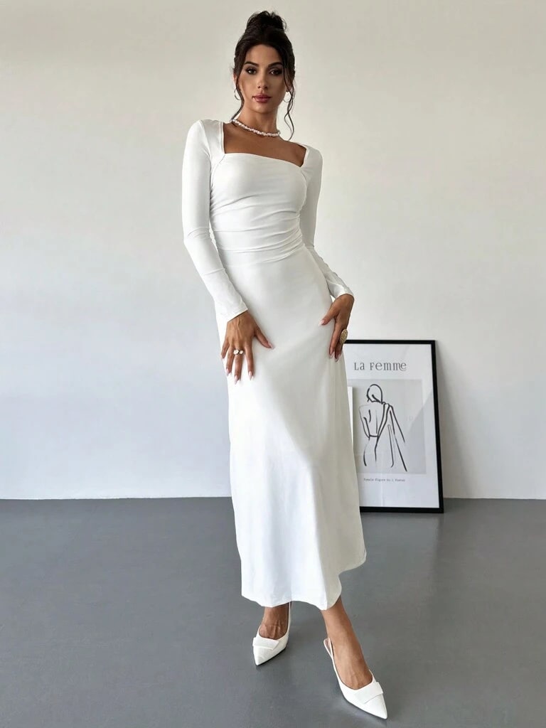 Vestido Branco Longo Plissado Yasmin