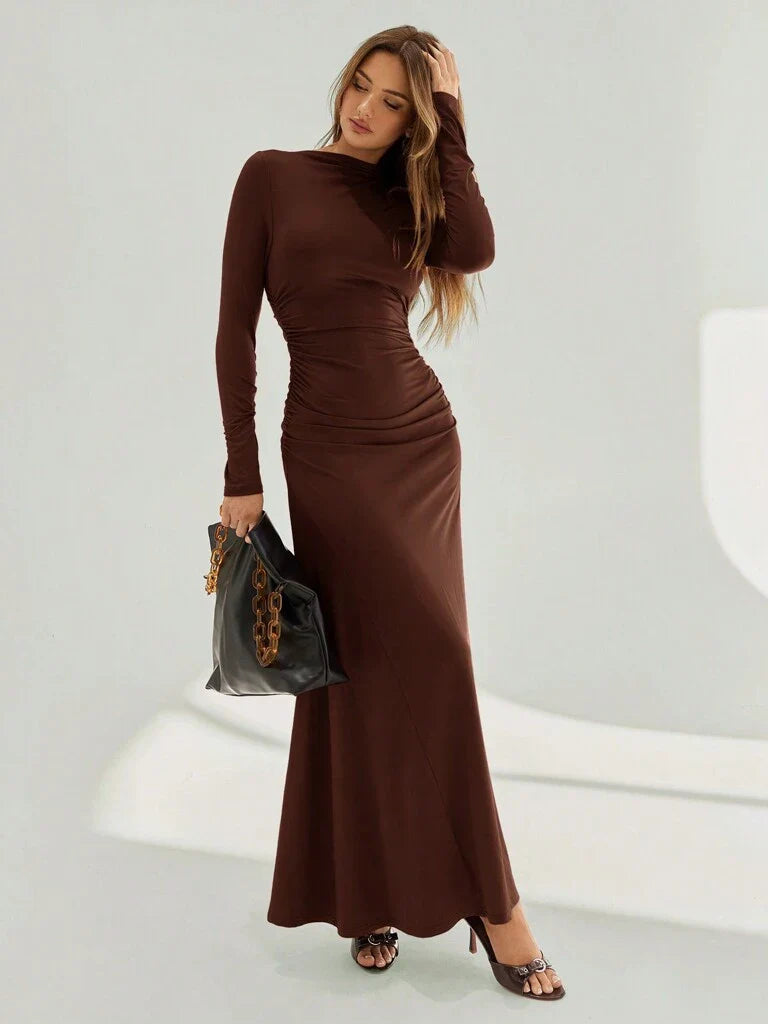 Vestido Longo Assimétrica e Franzida Marrom Anne