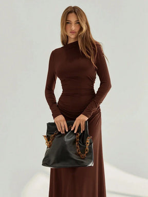 Vestido Longo Assimétrica e Franzida Marrom Anne