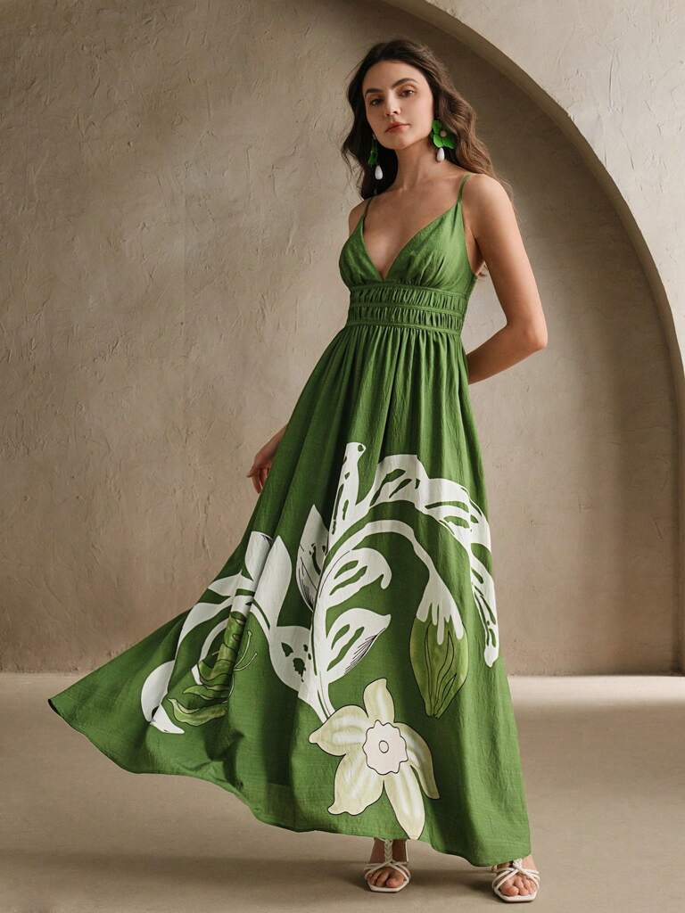 Vestido Longo Estampa Floral Decote em V Verde