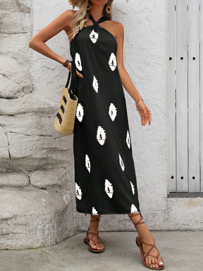 Vestido Longo Estampa Geométrica Decote Halte Hédena