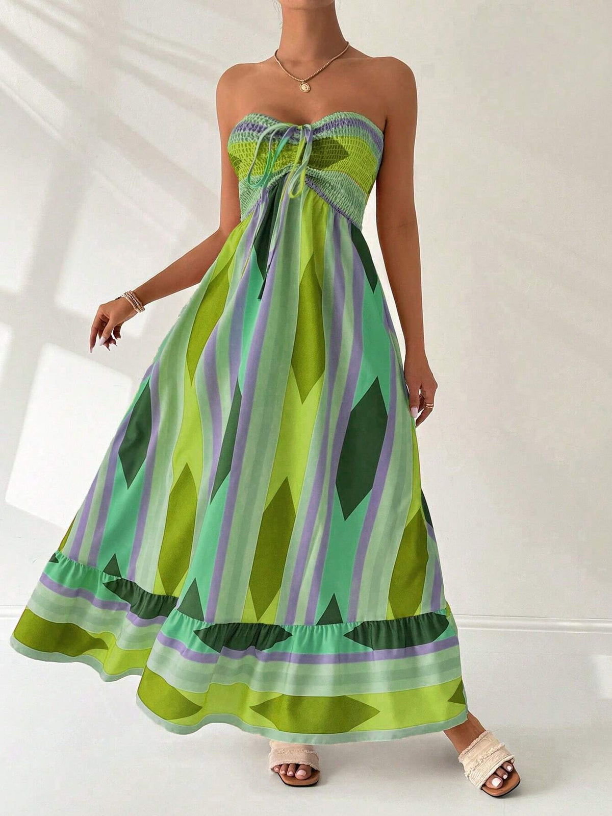 Vestido Longo Estampa Geométrica Verde