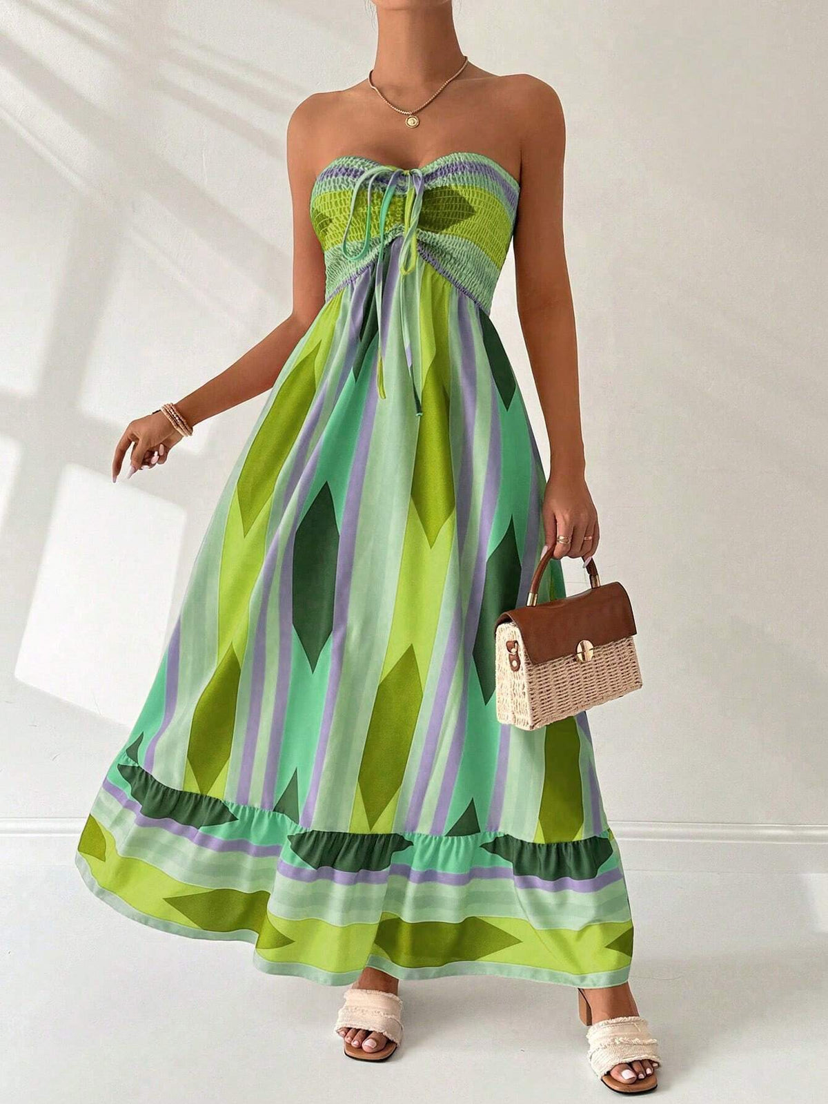 Vestido Longo Estampa Geométrica Verde