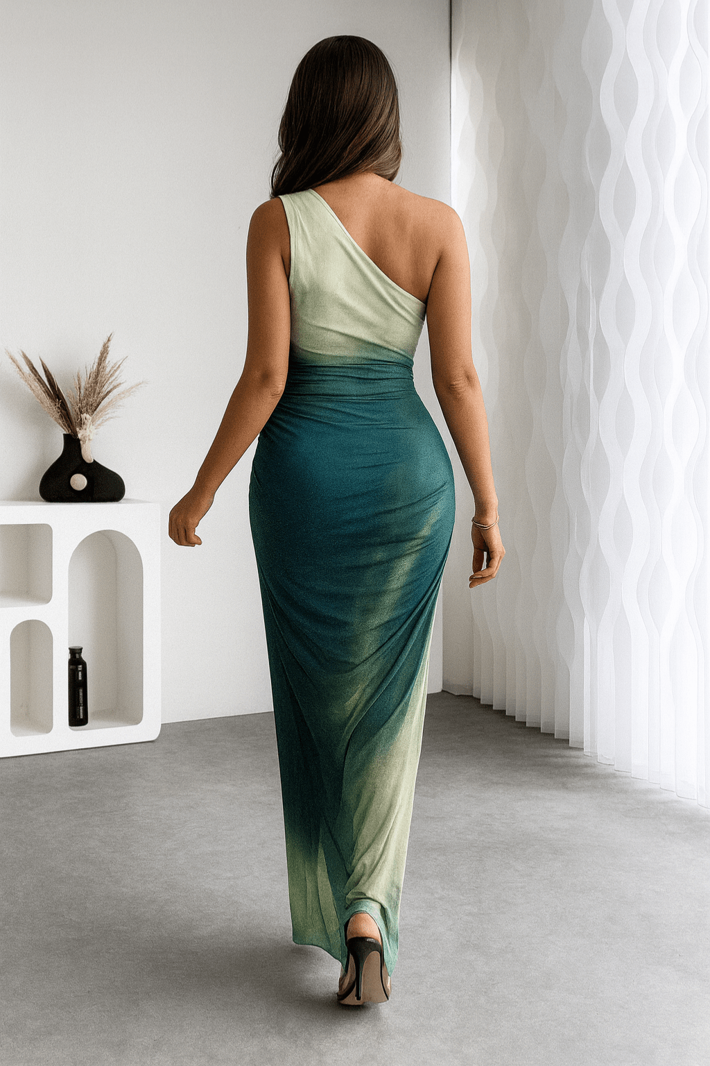 Vestido Longo Gola Assimétrica Sem Mangas Multicolorido Verde