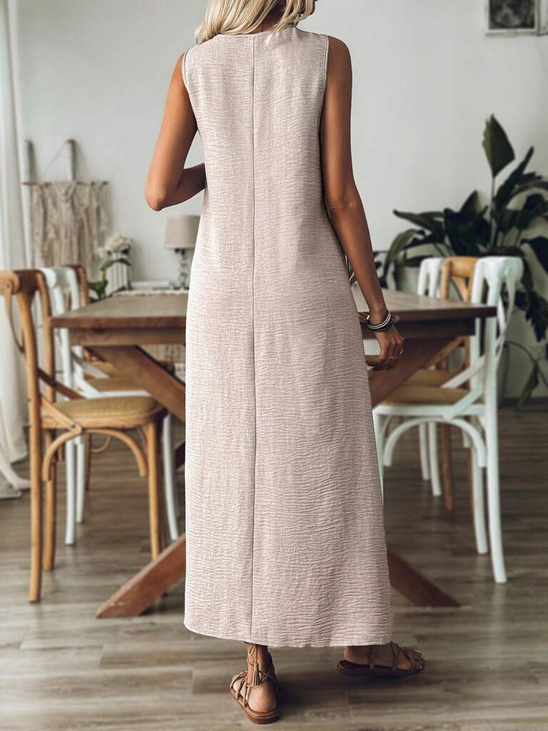 Vestido Longo Mangas com Decote Entalhado Cáqui