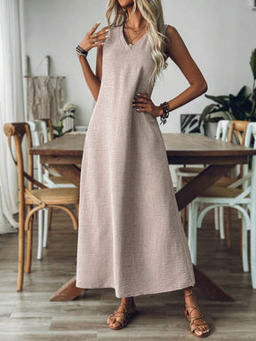 Vestido Longo Mangas com Decote Entalhado Cáqui