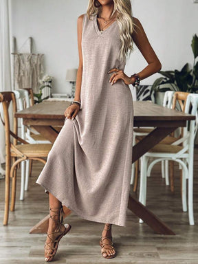 Vestido Longo Mangas com Decote Entalhado Cáqui