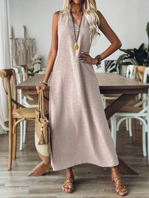 Vestido Longo Mangas com Decote Entalhado Cáqui