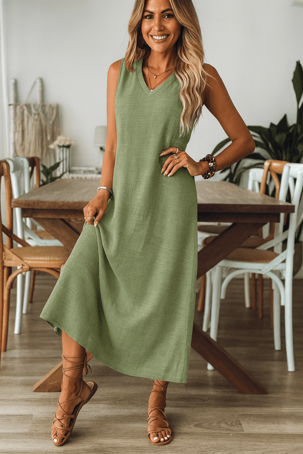 Vestido Longo Mangas com Decote Entalhado Verde
