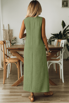 Vestido Longo Mangas com Decote Entalhado Verde