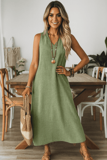 Vestido Longo Mangas com Decote Entalhado Verde