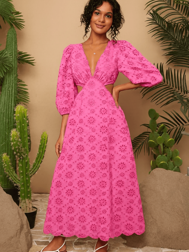 Vestido Longo Rosa Decote em V Guiana