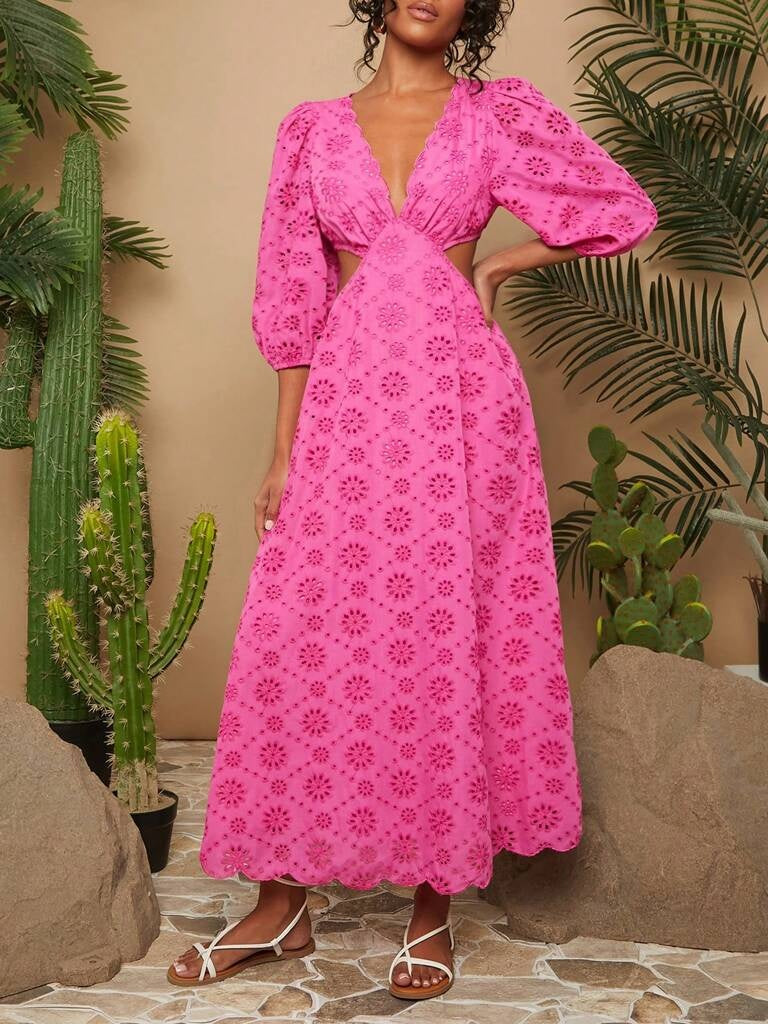 Vestido Longo Rosa Decote em V Guiana
