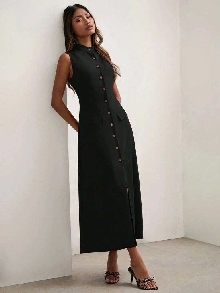 Vestido Midi Botões na Frente sem Mangas Preto