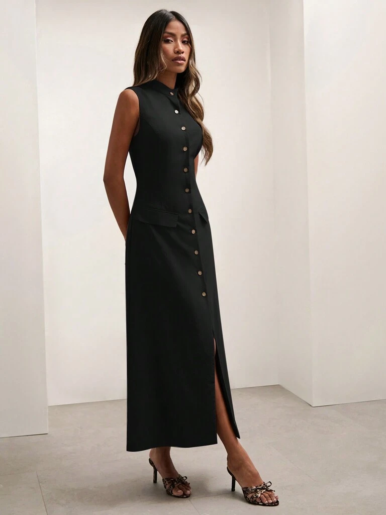 Vestido Midi Botões na Frente sem Mangas Preto