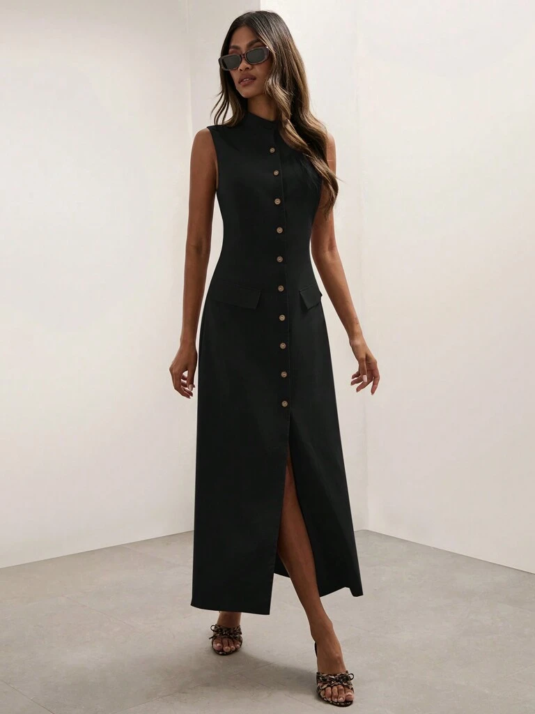 Vestido Midi Botões na Frente sem Mangas Preto