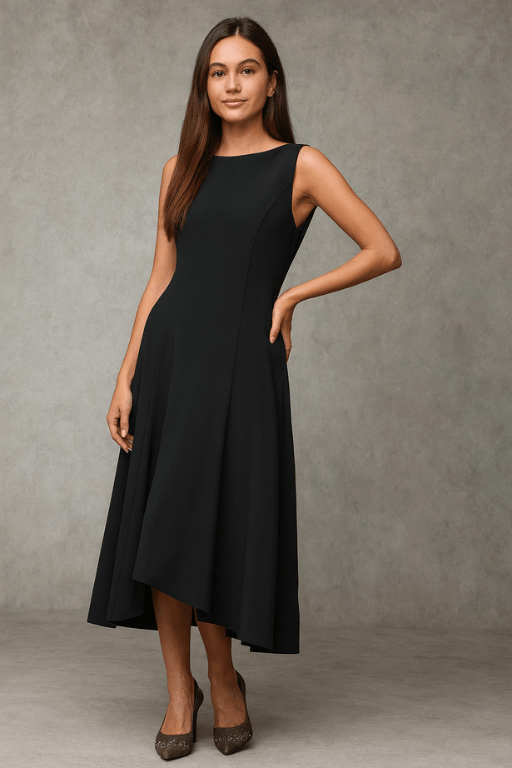 Vestido Midi Elegante Sem Mangas Preto