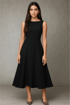 Vestido Midi Elegante Sem Mangas Preto