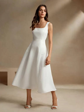 Vestido Midi Estilo Francês Decote Quadrado Branco
