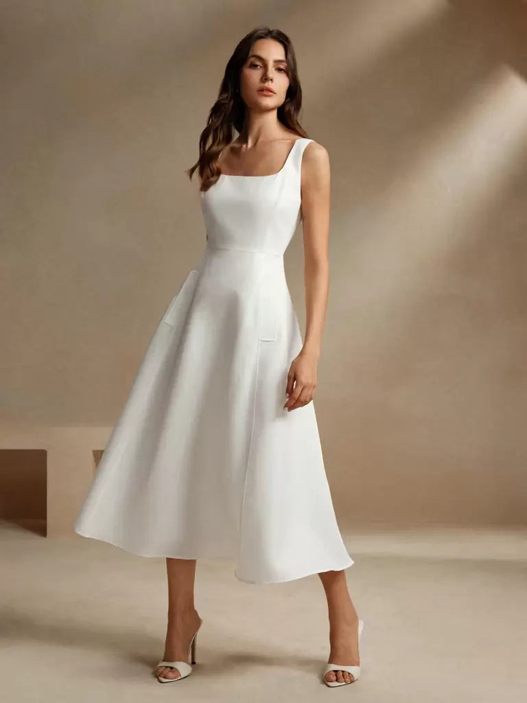 Vestido Midi Estilo Francês Decote Quadrado Branco