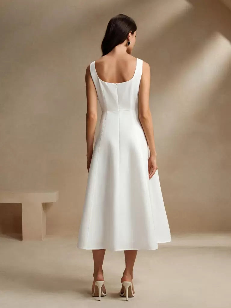 Vestido Midi Estilo Francês Decote Quadrado Branco