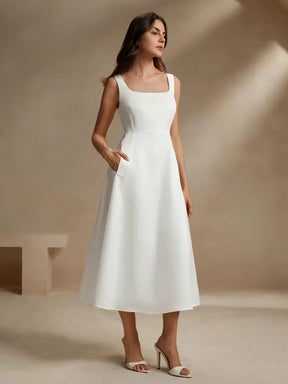 Vestido Midi Estilo Francês Decote Quadrado Branco