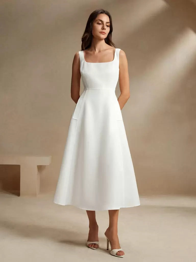 Vestido Midi Estilo Francês Decote Quadrado Branco