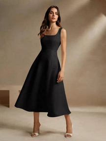Vestido Midi Estilo Francês Decote Quadrado Preto