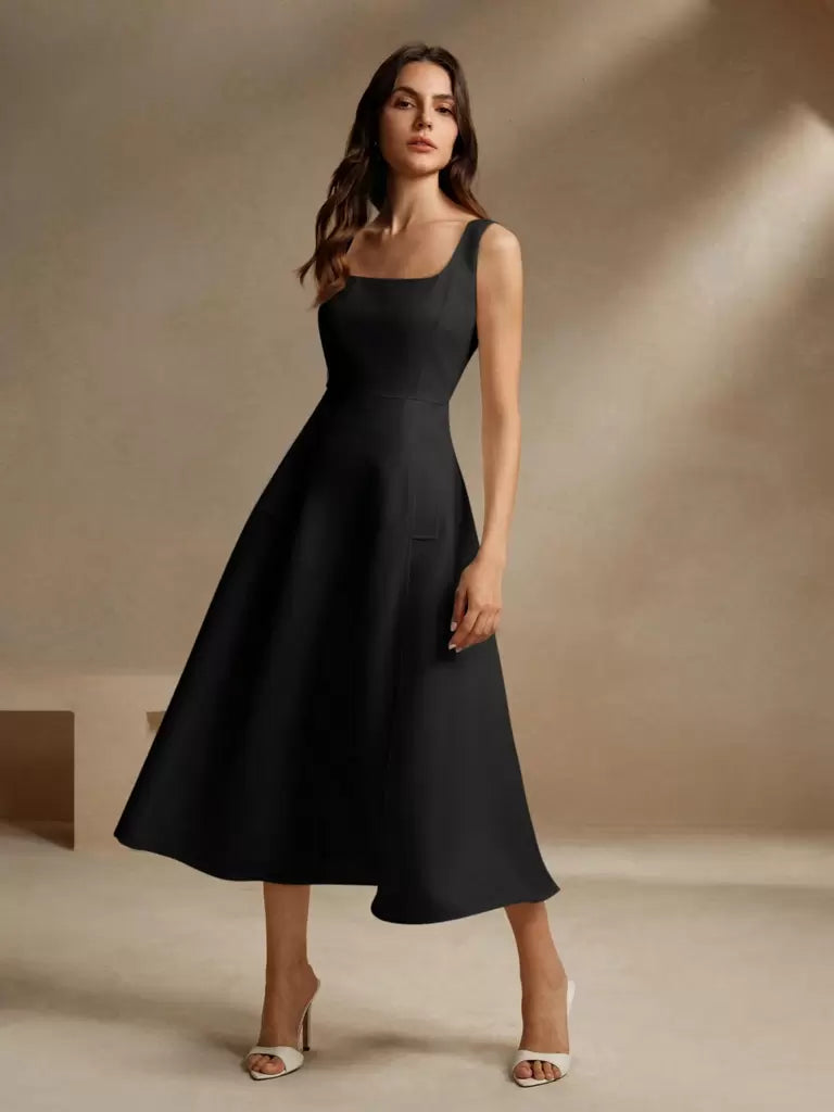 Vestido Midi Estilo Francês Decote Quadrado Preto