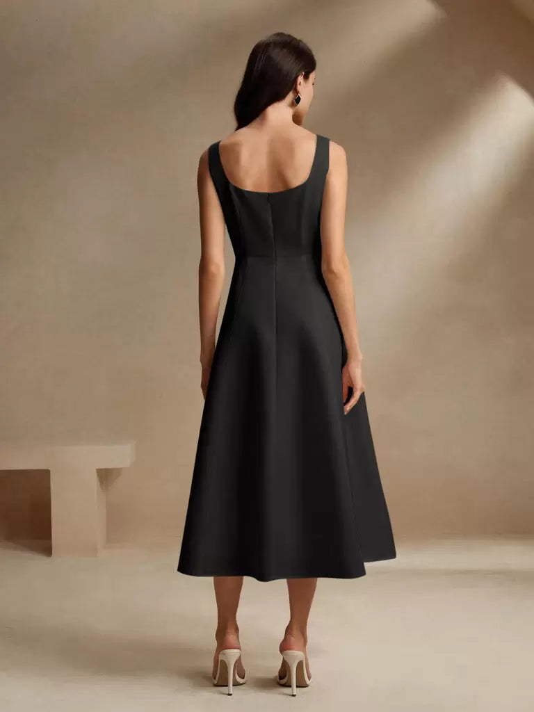 Vestido Midi Estilo Francês Decote Quadrado Preto