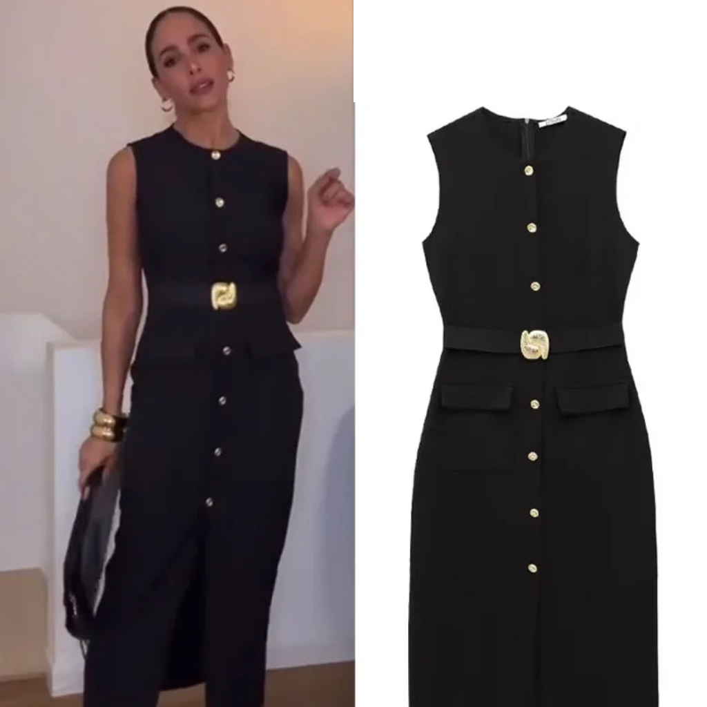 Vestido Midi Feminino Gola Redonda com Fenda e Cinto Raquel