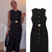 Vestido Midi Feminino Gola Redonda com Fenda e Cinto Raquel