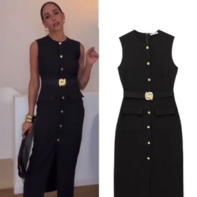 Vestido Midi Feminino Gola Redonda com Fenda e Cinto Raquel