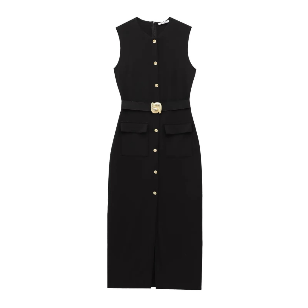 Vestido Midi Feminino Gola Redonda com Fenda e Cinto Raquel